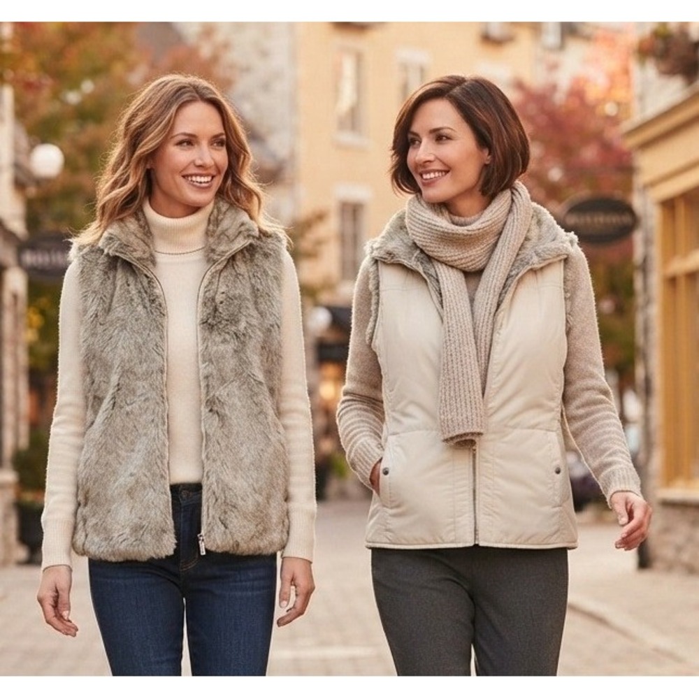 New York & Company Reversible Faux Fur Vest Women's M Cream 100% Cotton Full Zip